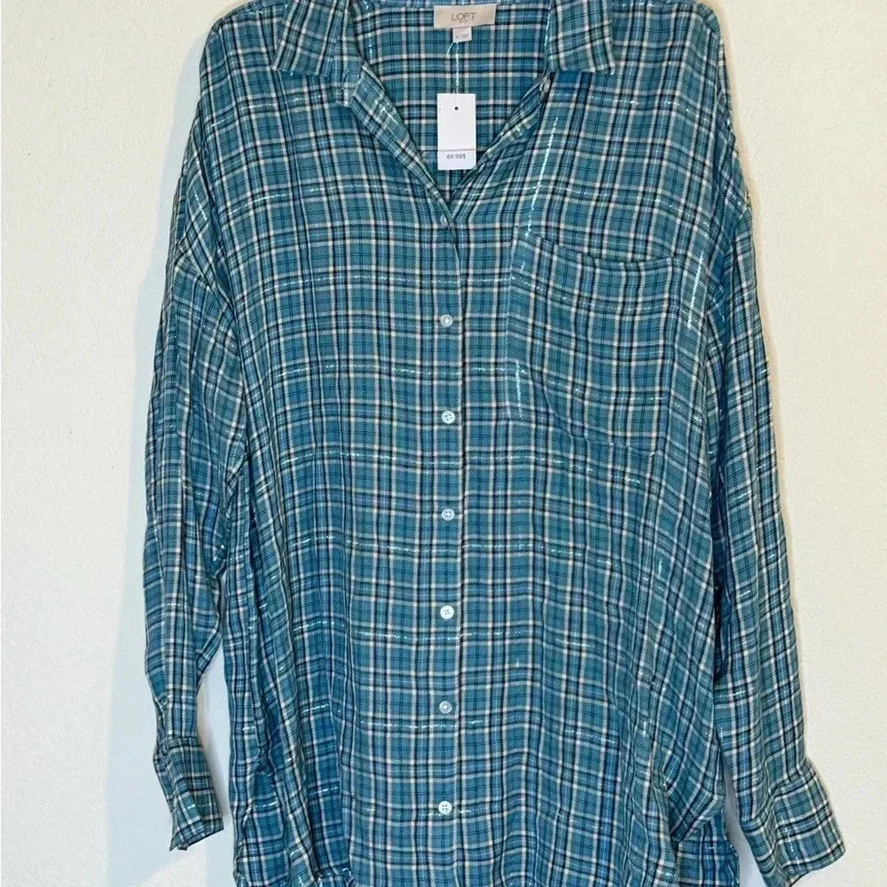 Loft  Plaid Metallic Thread Top NWT - Picture 3 of 8